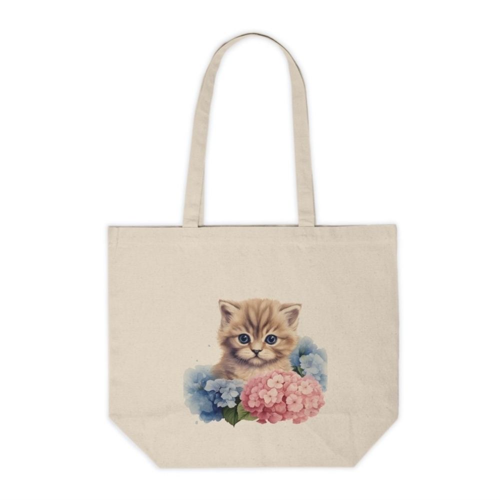 Blue and Pink Floral Cat Custom Canvas Tote Bag